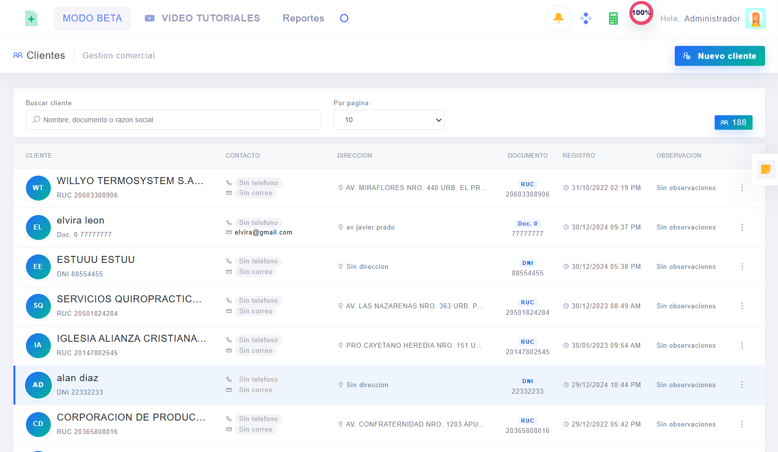 Clientes y documentos de VentasOne